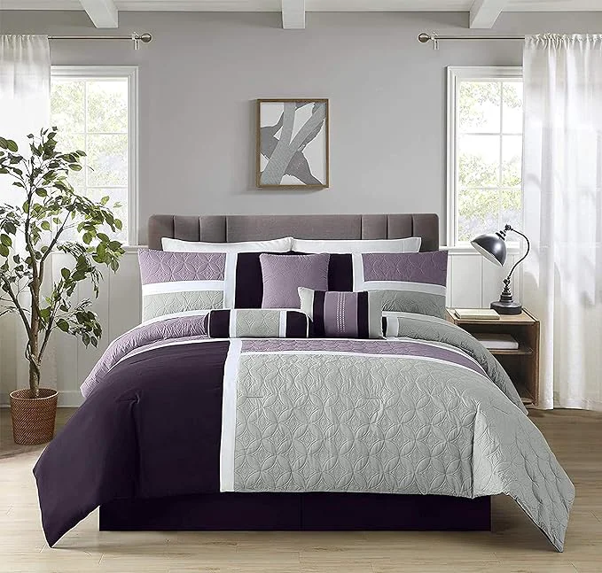 Fast Chezmoi Collection Upland 7-Piece Quilted Patchwork Comforter Set Lavender Gray Purple Queen Advanced