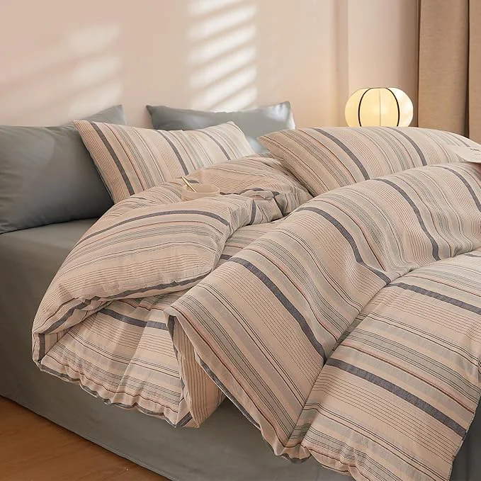 Relaxed Blue Striped Comforter Set Queen Down Boho Bedding Set Washed Cotton Fluffy Soft Patterned Bedding Comforter Sets Farmhouse Neutral Cozy Cute Bed Comforter with 2 Pillowcases High-End