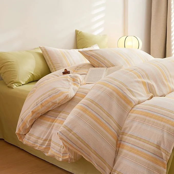 Original Design Yellow Striped Bed Comforter Full Fluffy Boho Bedding Set Down Washed Cotton Rustic Soft Bedding Comforter Sets Cozy Cute All Season Bedroom Bed Comforter with 2 Pillowcases Recyclable