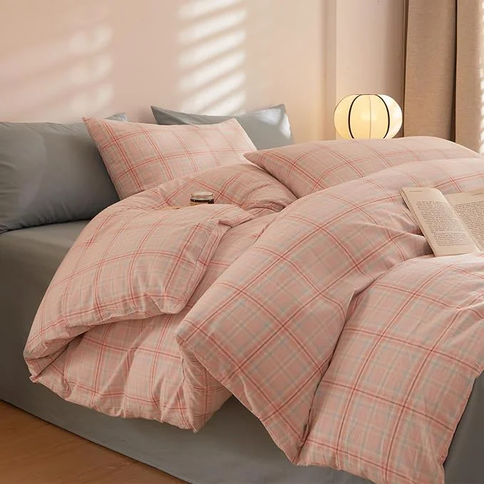 Premium Material Plaid Comforter Full Size Down Washed Cotton Bedding Set Fluffy Cute Super Soft Boho Bedding Comforter Sets Machine Washable Cozy Puffy Chic Bed Comforter with 2 Pillowcases Casual
