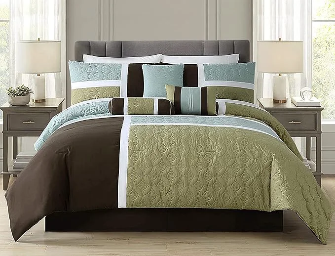 World-Class Chezmoi Collection Upland 7-Piece Quilted Patchwork Comforter Set Coffee Brown Aqua Blue Sage Green Oversized King Powerful