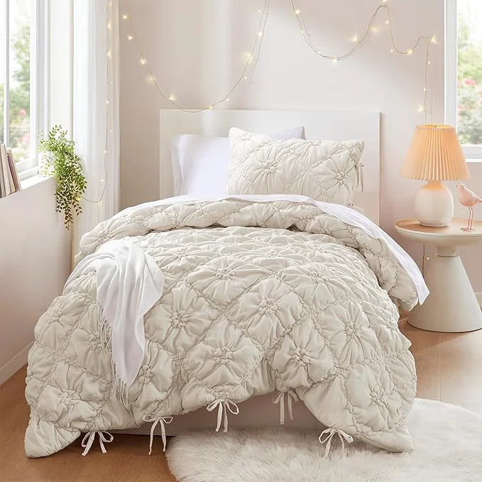 Fast Intelligent Design Twin Comforter Set – Ivory Lily Puffy Floral Shabby Chic Boho Bedding for Girls Ultra-Soft Lightweight amp All-Season Twin Practical