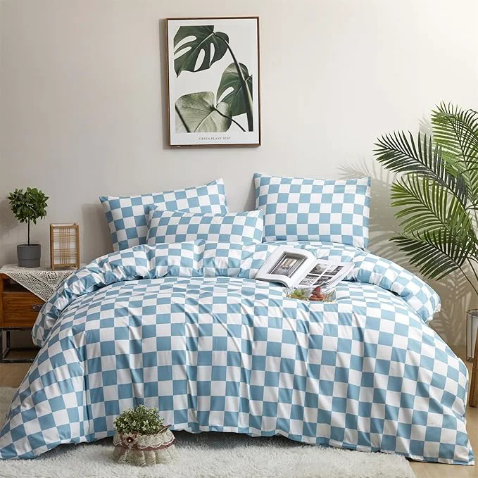 Houseri Modern Light Blue Plaid Comforter Set - Full Size Comforters Baby Blue Grid Bedding Blues Sky Aqua Pale Dorm Bed Comforter Checkerboard Comforter Set Sophisticated