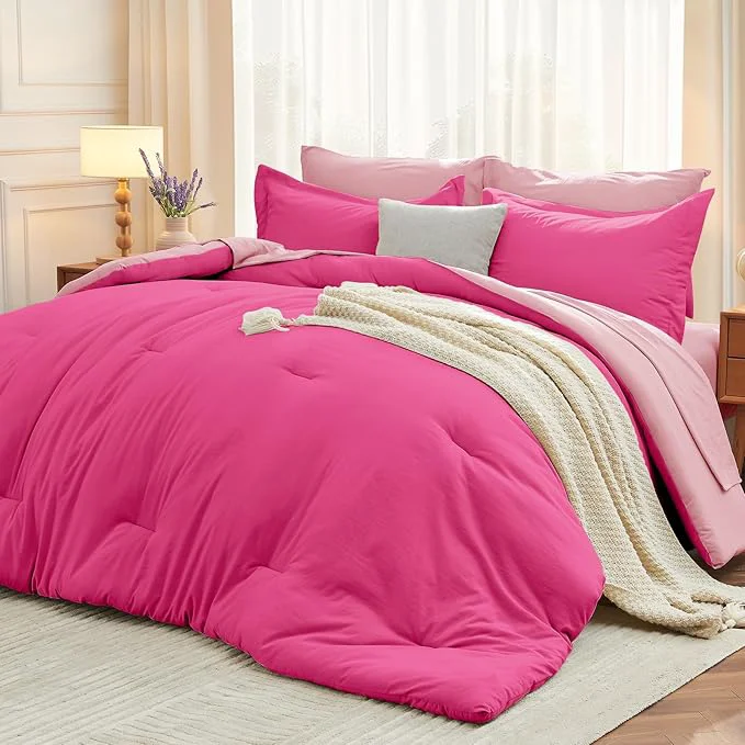 Smart MUXHOMO 7 Pieces Queen Comforter Set Soft Bed in a Bag Queen Size All Season Bedding Set with Comforter Flat Sheet Fitted Sheet Pillowcases amp Shams Hot Pink amp Baby Pink Next-Generation