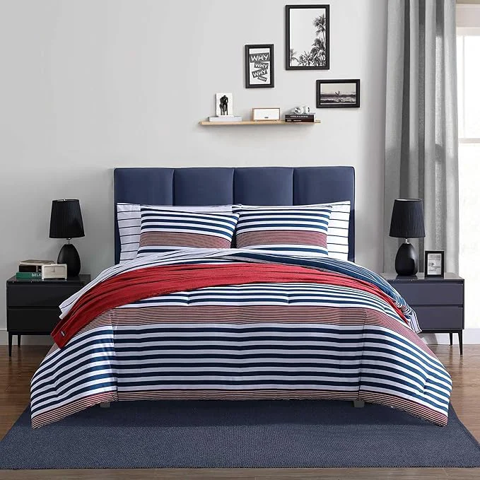 Certified Nautica - King Comforter Set Ultra Soft Bedding with a Woven Textured Feel Medium Weight for Year Round Comfort 3 Piece Bed Set with Matching Pillowcases Kennedy Stripe Navy Professional
