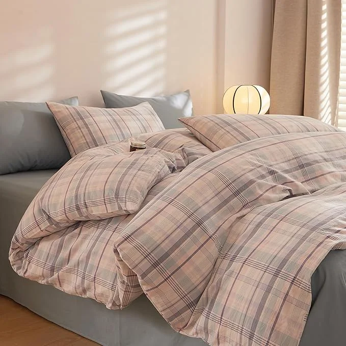Certified Plaid Queen Size Bed Comforter Set Fluffy Washed Cotton Bedding Set Down Boho Vintage Soft Bedding Comforter Sets All Season Cute Farmhouse Washable Bed Comforter with 2 Pillowcases Original