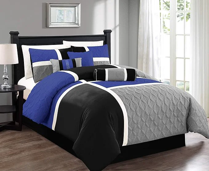 Top-Quality Chezmoi Collection Upland 7-Piece Quilted Patchwork Comforter Set Blue Black Gray Queen Fashionable