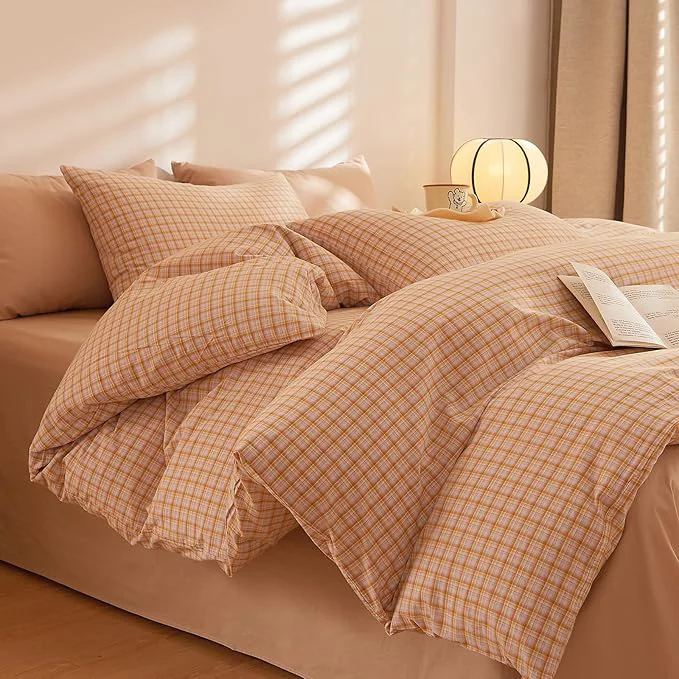 Consistent Plaid Comforter Set Full Size Washed Cotton Boho Bedding Set Down Cozy Fluffy Aesthetic Bedding Comforter Sets Soft All Season Farmhouse Comfy Bed Comforter with 2 Pillowcases Smooth