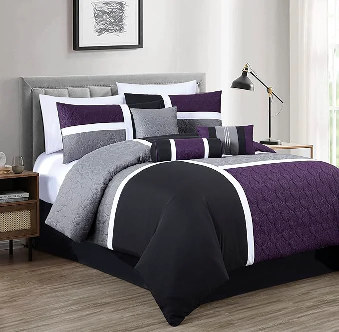 Pure Chezmoi Collection Upland 7-Piece Quilted Patchwork Comforter Set Purple Black Gray Queen Outstanding