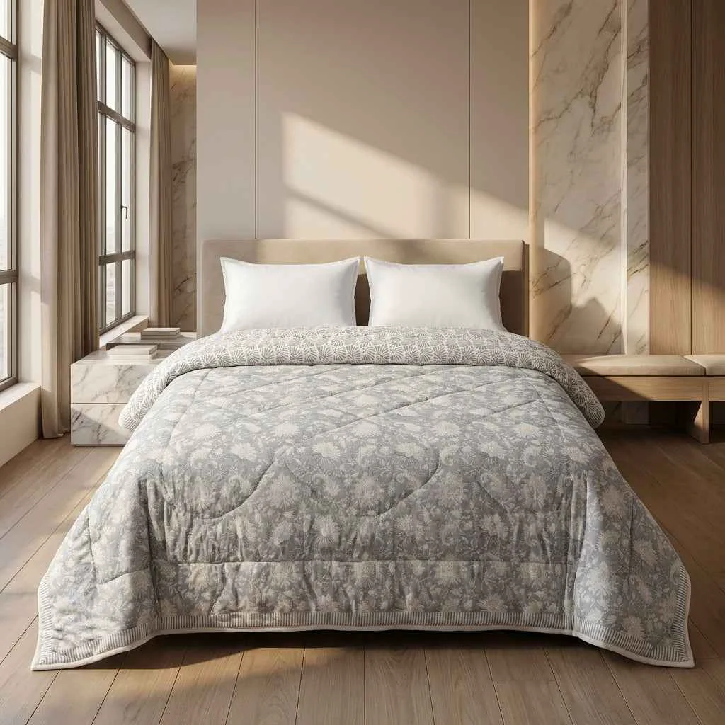 Pure Soft Grey amp Cream Floral Jaipur Indian Hand Block Print Quilted Comforter High-Grade