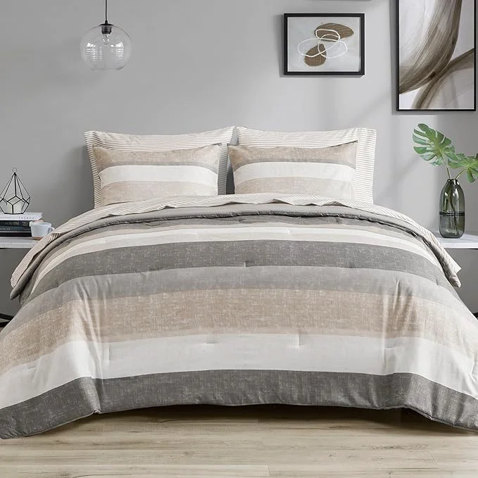 Quality Madison Park Essentials Full Comforter Set Bed in A Bag Comforter amp Sheet Set Modern Casual Stripes Print All Seasons Soft Microfiber Bedding Makeover Matching Shams Full Taupe Grey 7 Piece Comfortable