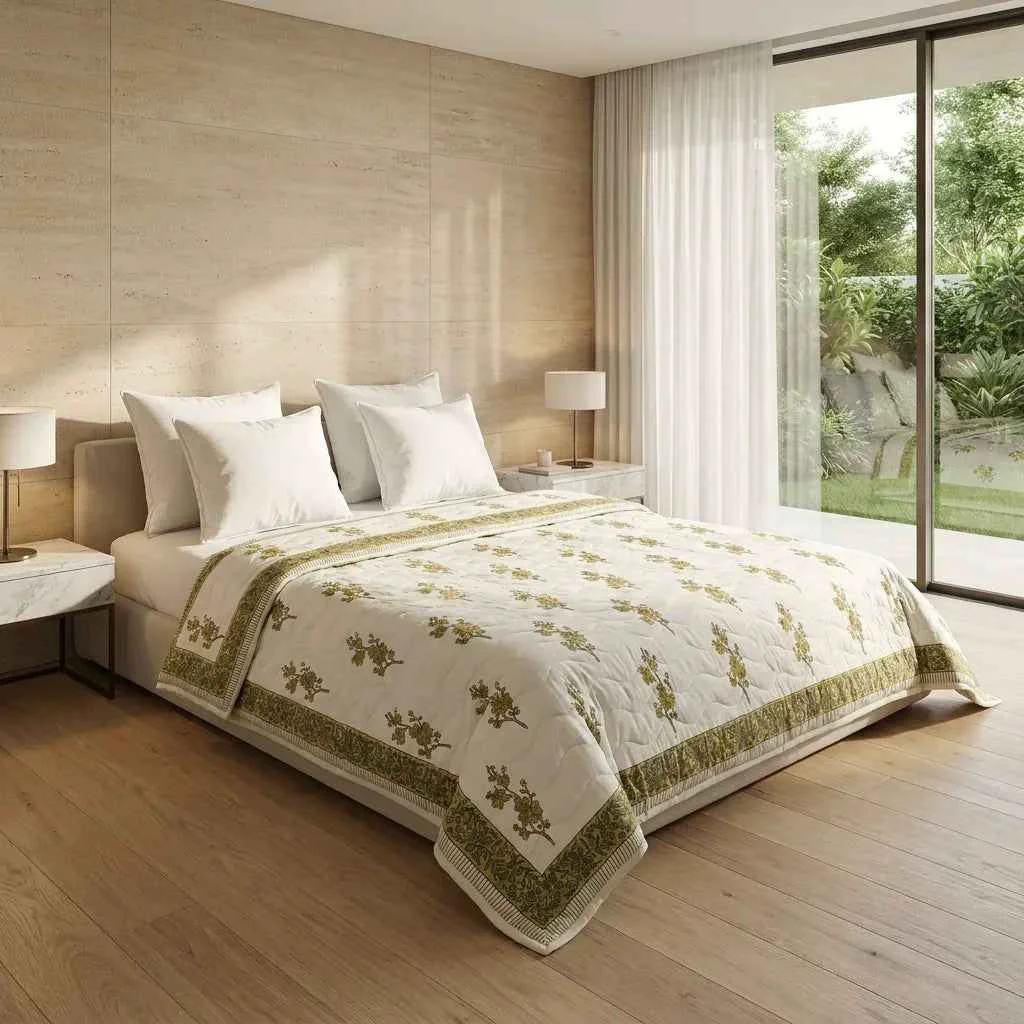 Natural Cream amp Mustard Yellow Olive Floral Jaipur Indian Hand Block Print Quilted Comforter Relaxed