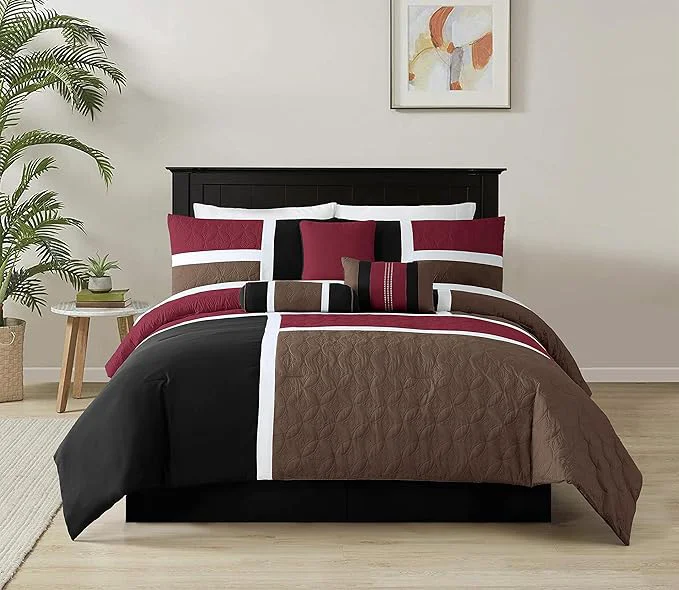 Authentic Chezmoi Collection Upland 7-Piece Quilted Patchwork Comforter Set Burgundy Black Brown Full Premium