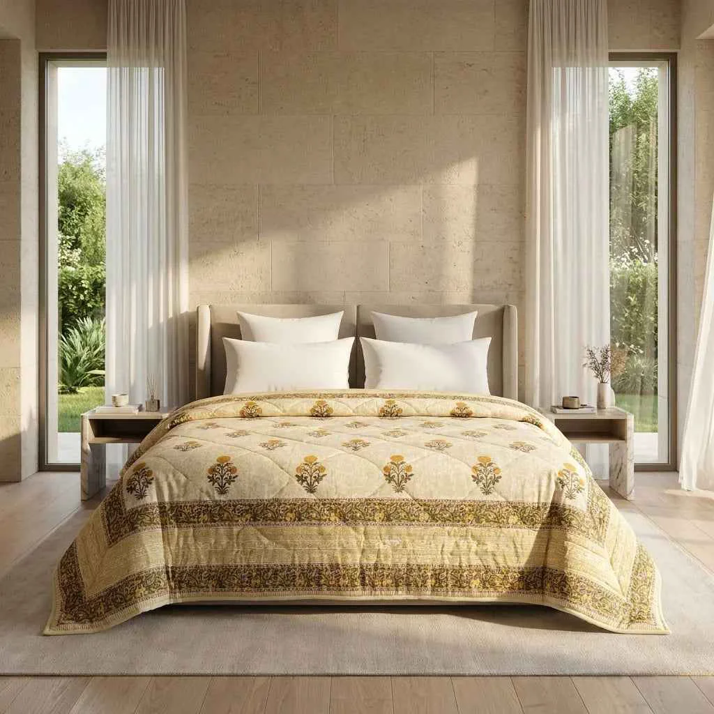 Practical Light Grey amp Charcoal Floral Jaipur Indian Hand Block Print Quilted Comforter User-Friendly