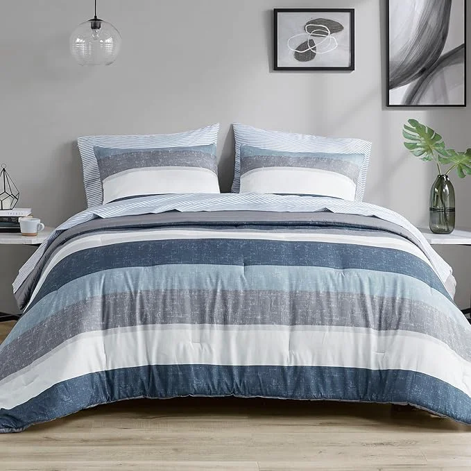 Next-Generation Madison Park Essentials Jaxon Bed in a Bag Comforter Set with Sheet Printed Stripe Design Modern All Season Bedding and Matching Sham Queen Blue Grey 7 Piece Sustainable