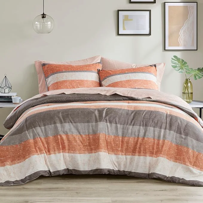 Madison Park Essentials Jaxon Queen Comforter Set Bed in A Bag Comforter amp Sheet Set Modern Casual Stripes Print All Seasons Soft Bedding Makeover Matching Sham Queen Coral Grey 7 Piece Convenient