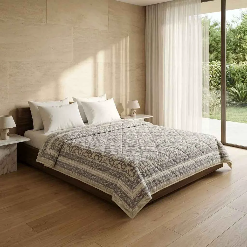 Responsible Cream amp Taupe Floral Jaipur Indian Hand Block Print Quilted Comforter Expertly Made