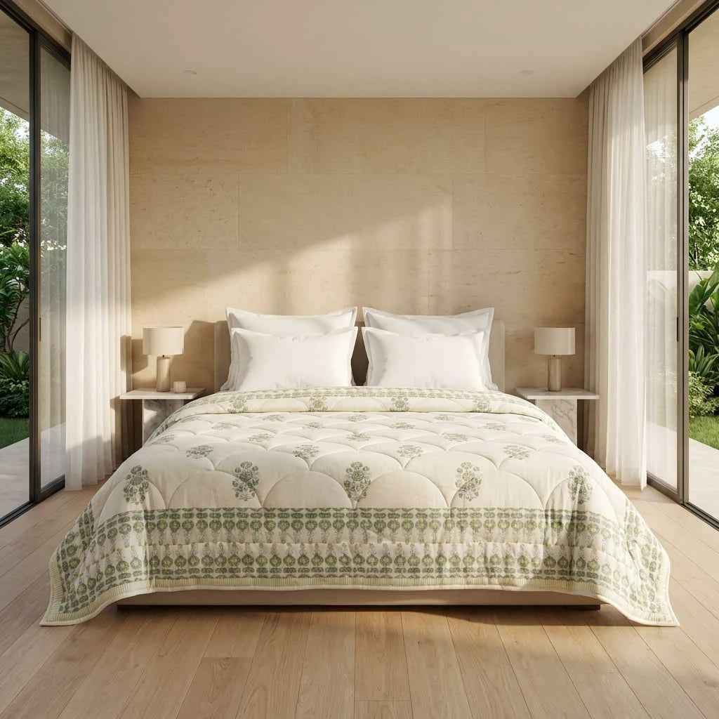 Excellent Sage Green amp Cream Mauve Floral Jaipur Indian Hand Block Print Quilted Comforter Durable