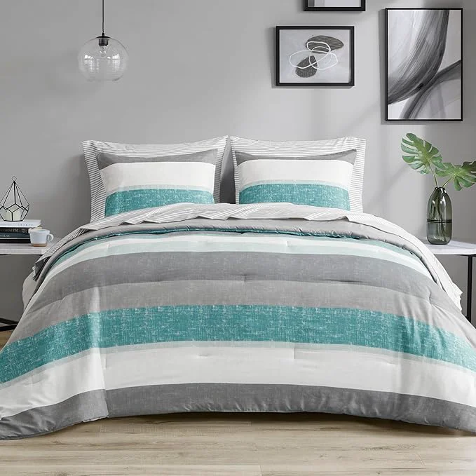 Exclusive Madison Park Essentials Full Comforter Set Bed in A Bag Comforter amp Sheet Set Modern Casual Stripes Print All Seasons Soft Microfiber Bedding Makeover Matching Shams Full Aqua Grey 7 Piece High-Grade