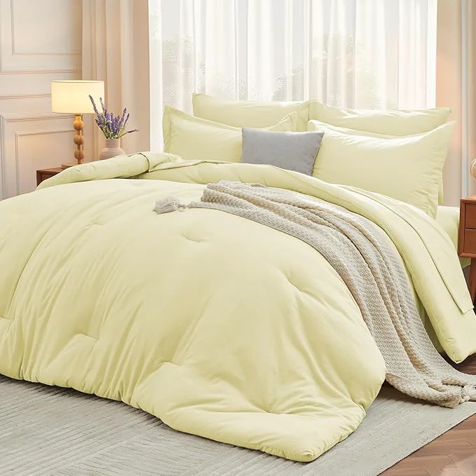 Smooth MUXHOMO 7 Pieces Queen Comforter Set Soft Bed in a Bag Queen Size All Season Bedding Set with Comforter Flat Sheet Fitted Sheet Pillowcases amp Shams Cream Yellow Prestigious