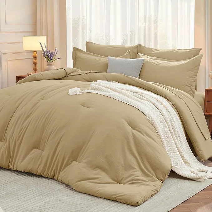 Durable MUXHOMO 7 Pieces Queen Comforter Set Soft Bed in a Bag Queen Size All Season Bedding Set with Comforter Flat Sheet Fitted Sheet Pillowcases amp Shams Khaki Clean