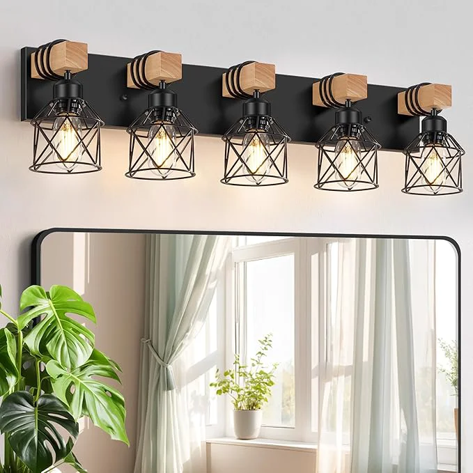 Certified FadimiKoo 5-Light Wooden Black Bathroom Light Fixtures Rustic Style Vanity Exceptional