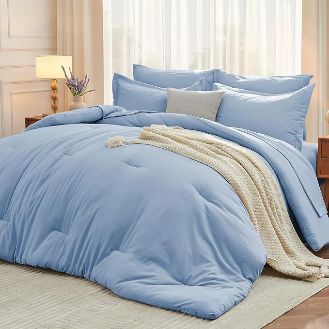 Environmentally Friendly MUXHOMO 7 Pieces Full Comforter Set Soft Bed in a Bag Full Size All Season Bedding Set with Comforter Flat Sheet Fitted Sheet Pillowcases amp Shams Greyish Blue Effective