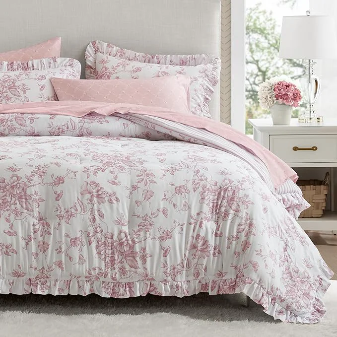Reliable Madison Park Essentials Adele Pink Floral Queen Size Comforter Set – Vintage Bed in a Bag with Sheets Reversible Ruffle Bedding Elegant Gift for Her Certified