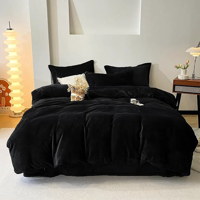 Premium Cottonight Velvet Comforter Set - Cal King Black Flannel Bedding - Plush Fluffy Blanket Quilts - Modern Winter Warm Thick Solid Black Bedding Set Effective