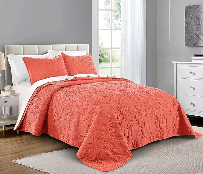 Stylish Pure Bedding Quilt Set King Cal King California King Size Coral - Oversized Bedspread - Microfiber Coverlet - Includes 1 Quilt and 2 Shams Ocean Star Pattern Organic