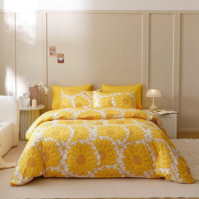 Artisan Houseri Yellow Floral Comforter Set Full 3 Piece Yellow Sunflower Bedding Full Size Lightweight White and Yellow Botanical Bed Set Soft Comfy Quilt Blanket Full