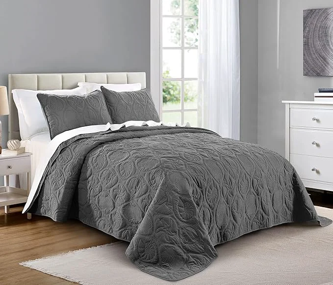 Specialty Pure Bedding Quilt Set Full Queen Size Dark Grey - Oversized Bedspread - Soft Microfiber Coverlet for All Season - Includes 1 Quilt and 2 Shams Ocean Star Pattern Original