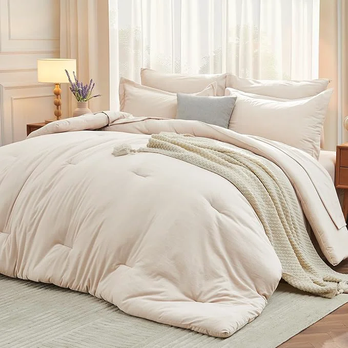 Comfortable MUXHOMO 7 Pieces Queen Comforter Set Soft Bed in a Bag Queen Size All Season Bedding Set with Comforter Flat Sheet Fitted Sheet Pillowcases amp Shams Beige Casual