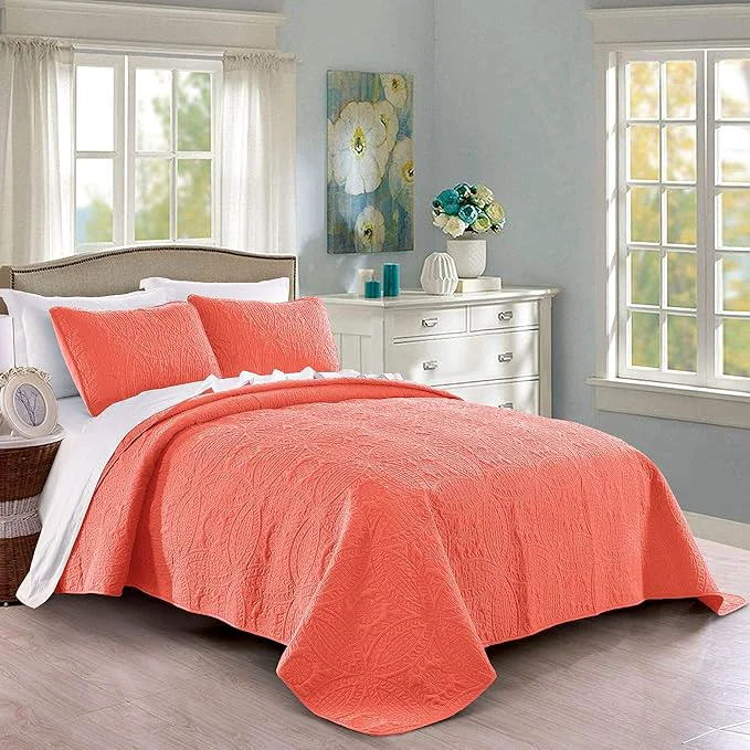 Natural Quilt Set King Cal King California King Size Coral - Oversized Bedspread - Soft Microfiber Lightweight Coverlet for All Season - 3 Piece Includes 1 Quilt and 2 Shams Geometric Pattern Organic