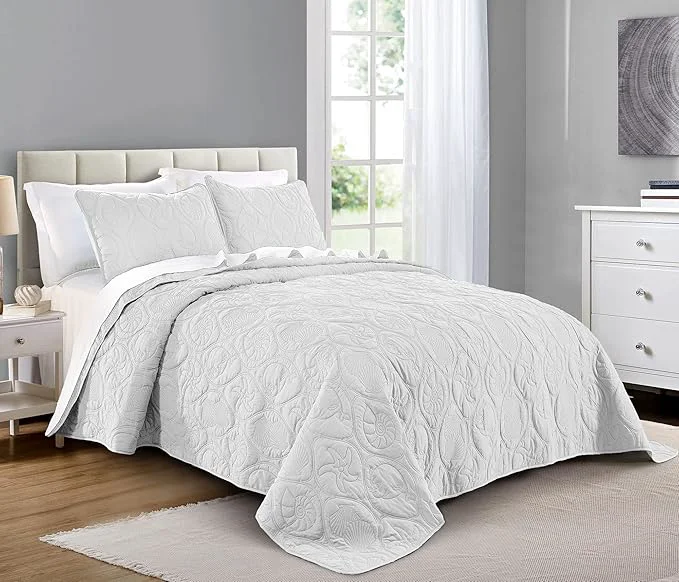 Genuine Pure Bedding Quilt Set King Cal King California King Size White - Oversized Bedspread - Microfiber Coverlet - Includes 1 Quilt and 2 Shams Ocean Star Pattern Lightweight
