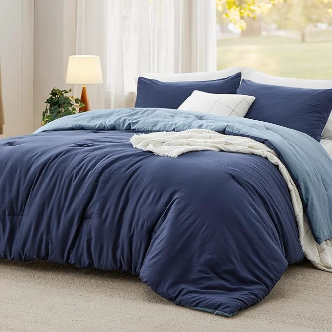 High-Grade Bedsure California King Comforter Set Navy Blue Soft Prewashed Bedding for All Seasons 3 Pieces GentleSoft™ Bed Set 1 Lightweight Comforter 104 quot x96 quot and 2 Pillowcases 20 quot x36 quot Casual