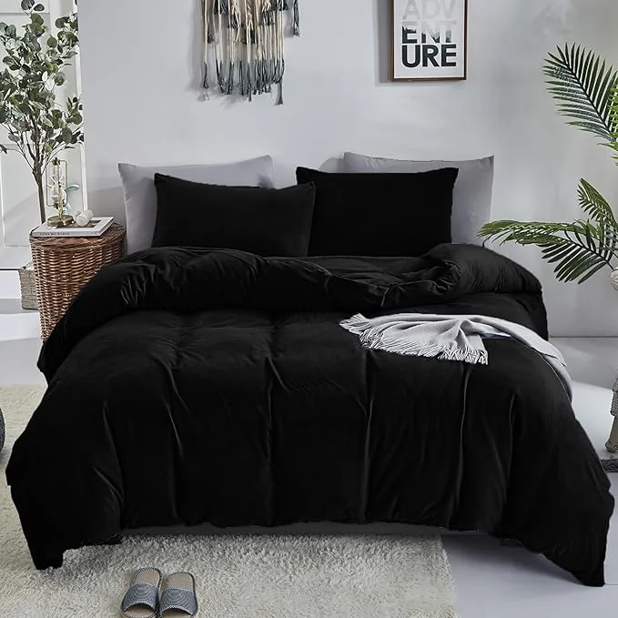 Fashionable Cottonight Black Velvet Comforter Set King - Flannel Bedding 3 Piece Set Plush Fluffy Blanket Quilts Modern Winter Warm Thick Soft Solid Bedding Genuine