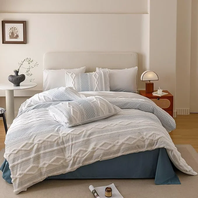 Verified Houseri Tufted Blue Comforter Set Queen Jacquard Bedding Shabby Chic Farmhouse Bed Sets Queen Refined