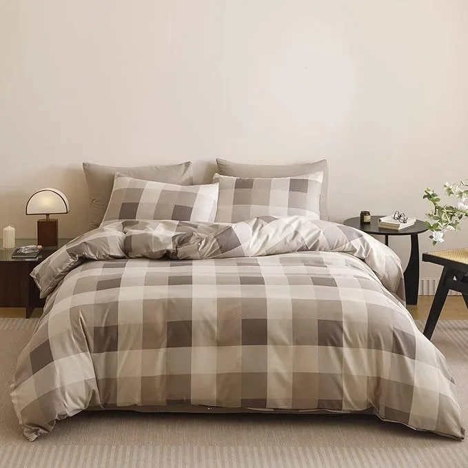 Clean Cottonight Checkered Khaki Comforter Set Twin Gingham Grid Bedding Set Khaki and Cream Coffee Grid Comforter Fluffy Soft Bedding Set Kids Teens Twin Comforter with 2 Pillowcases Premium
