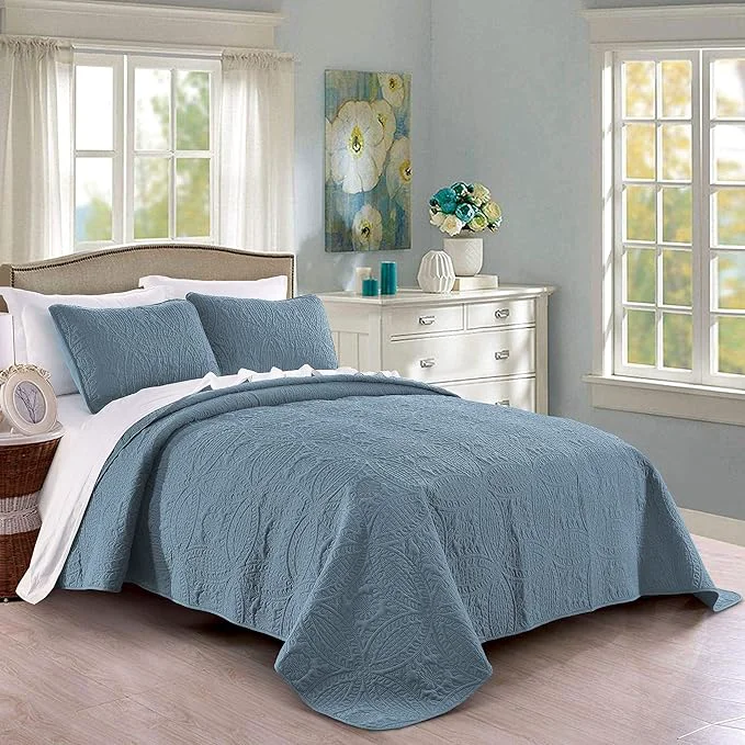 Versatile Quilt Set King Cal King California King Size Ash Blue - Oversized Bedspread - Soft Microfiber Lightweight Coverlet for All Season - 3 Piece Includes 1 Quilt and 2 Shams Geometric Pattern Fine Crafted