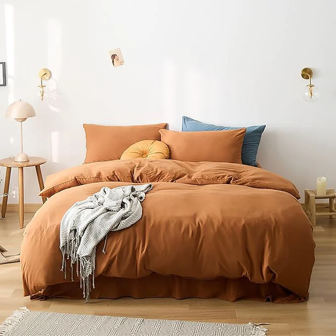 Genuine Cottonight Full Comforter Set Pumpkin Rust Bedding Set Terracotta Burnt Orange Blanket Quilts Cotton Solid Fashion Bedding Set for Women Men Full Bed Luxury
