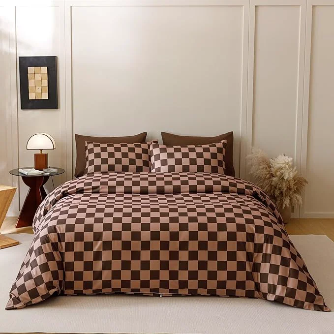 Effective Houseri Brown Plaid Comforter Set Queen Chocolate Coffee Color Chessboard Bedding Sets Mocha Buffalo Checkered Bed Quilt Blanket Queen Fashionable