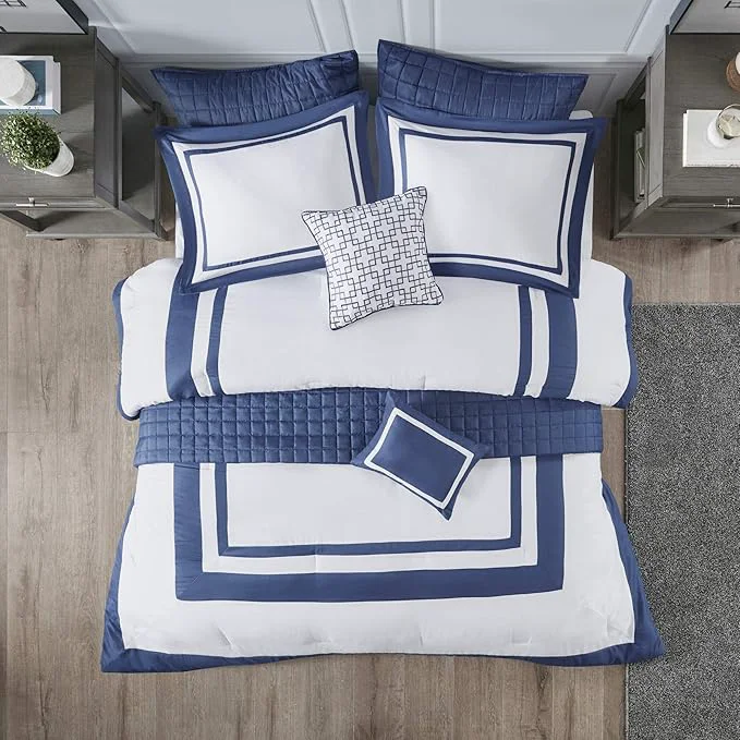 Original Madison Park Heritage Comforter Quilt Combo Set - Modern Luxury Design All Season Down Bedding Matching Shams Decorative Pillows King Cal King 104 quot x92 quot Color Block Navy 8 Piece Smart