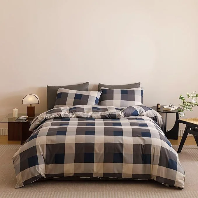 Organic Houseri Blue Plaid Comforter Set Full Vintage Grid Bedding Sets Specialty