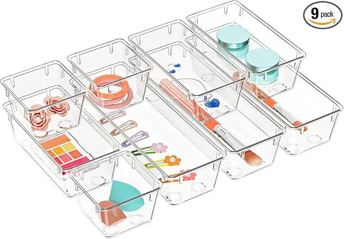 User-Friendly WOWBOX 9 Pack Clear Drawer Organizer Set Acrylic Drawer Storage Trays Eco-Friendly