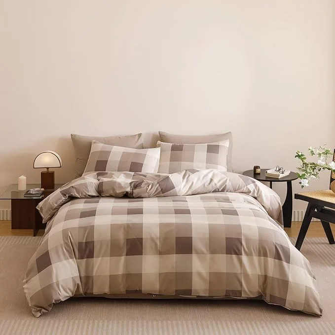 Solid Houseri Coffee Color Plaid Comforter Set Queen Vintage Grid Bedding Sets Enhanced