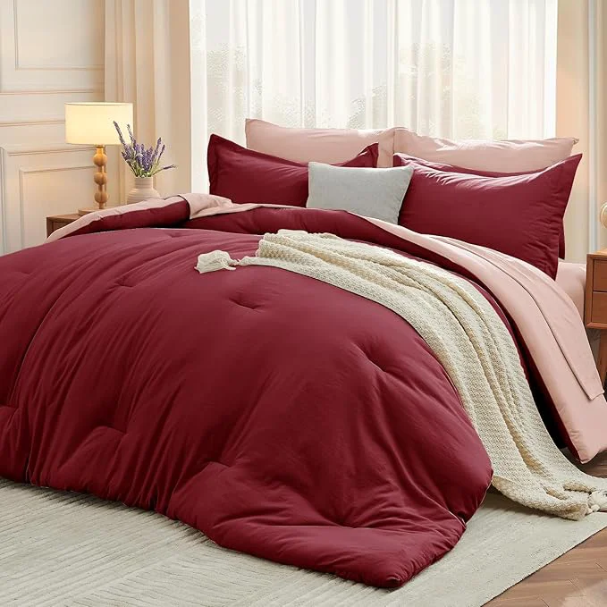 Easy-to-Use MUXHOMO 7 Pieces Queen Comforter Set Soft Bed in a Bag Queen Size All Season Bedding Set with Comforter Flat Sheet Fitted Sheet Pillowcases amp Shams Burgundy amp Rose Gold Exceptional