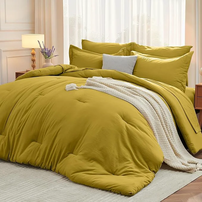 Professional MUXHOMO 7 Pieces Full Comforter Set Soft Bed in a Bag Full Size All Season Bedding Set with Comforter Flat Sheet Fitted Sheet Pillowcases amp Shams Mustard Yellow Official