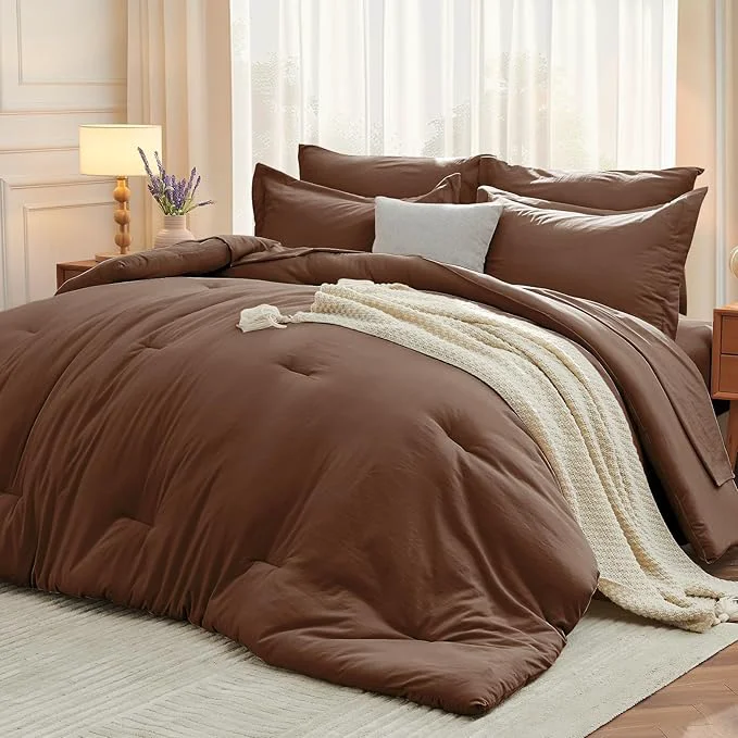 Sophisticated MUXHOMO 7 Pieces King Comforter Set Soft Bed in a Bag King Size All Season Bedding Set with Comforter Flat Sheet Fitted Sheet Pillowcases amp Shams Brown Functional