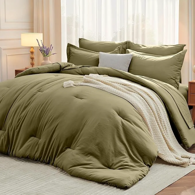 Consistent MUXHOMO 7 Pieces California King Comforter Set Soft Bed in a Bag Cal King Size All Season Bedding Set with Comforter Flat Sheet Fitted Sheet Pillowcases amp Shams Olive Green High-Quality